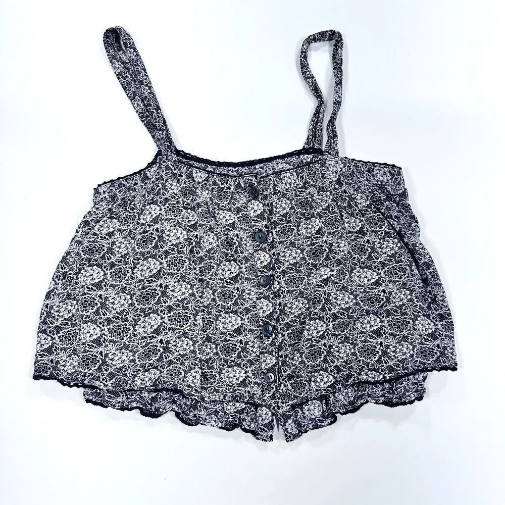 Free people black and white floral bottom front tiered tank top S